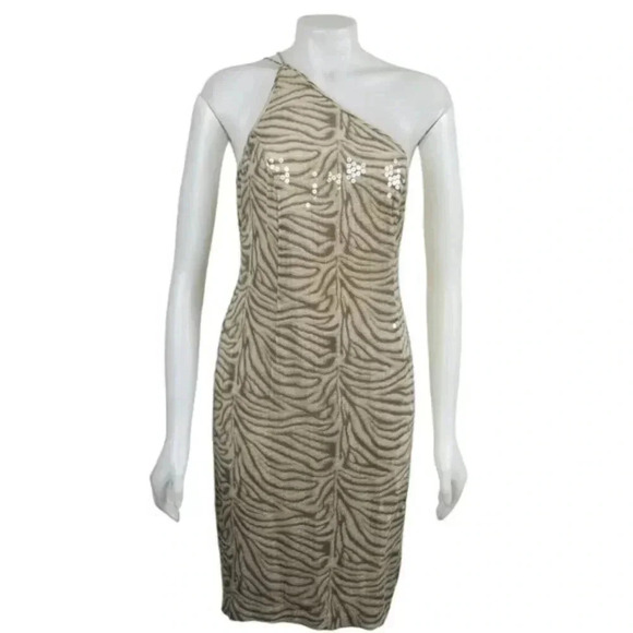 Vintage Cache Silk Sequins One Shoulder Zebra  Dress Beige Brown Size 8 - Picture 1 of 11